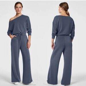 Spanx Air essentials Blue Off shoulder Long sleeve Wide Flare Leg Jumpsuit M